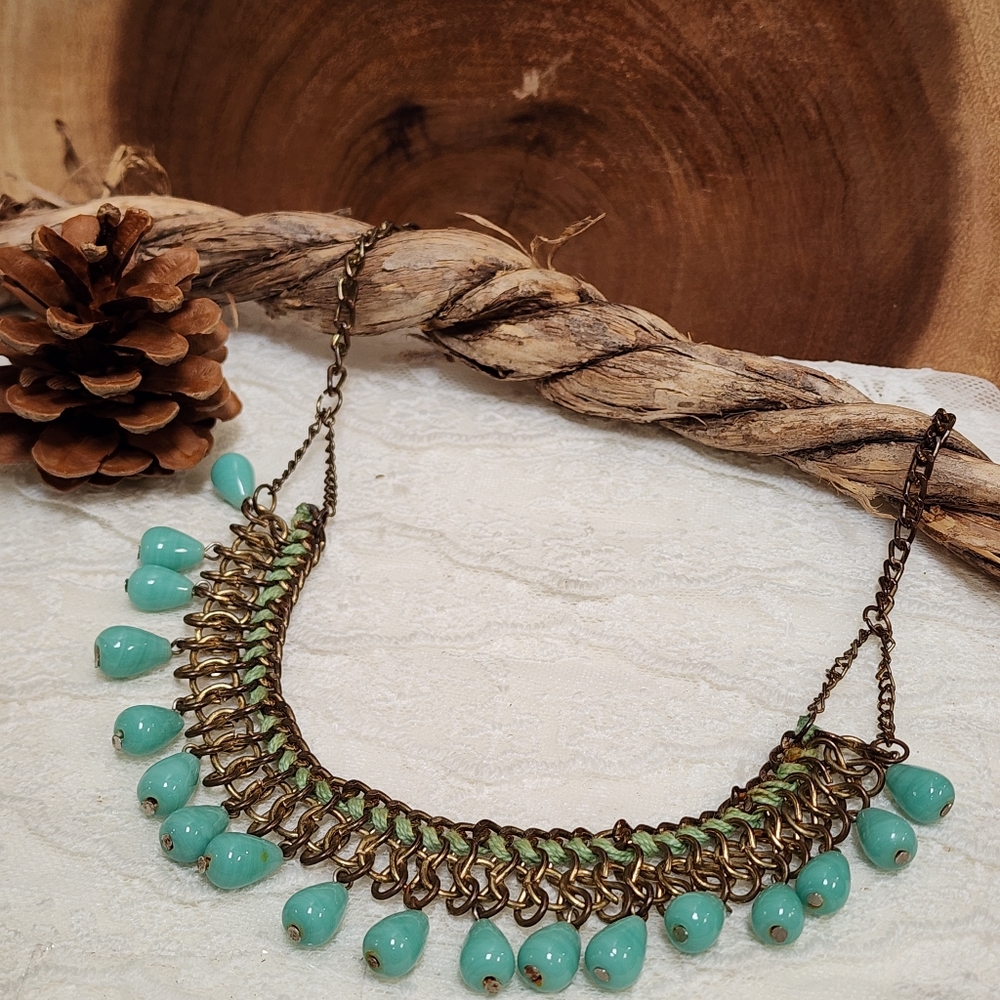 Boho Faux Turquoise Glass Beaded Bib Collar Necklace